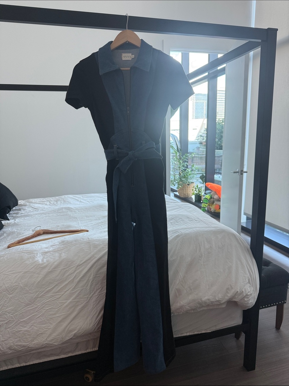 Alice + Olivia Two-Tone Black and Dark Blue Zip-Front Maxi Dress with Waist Tie